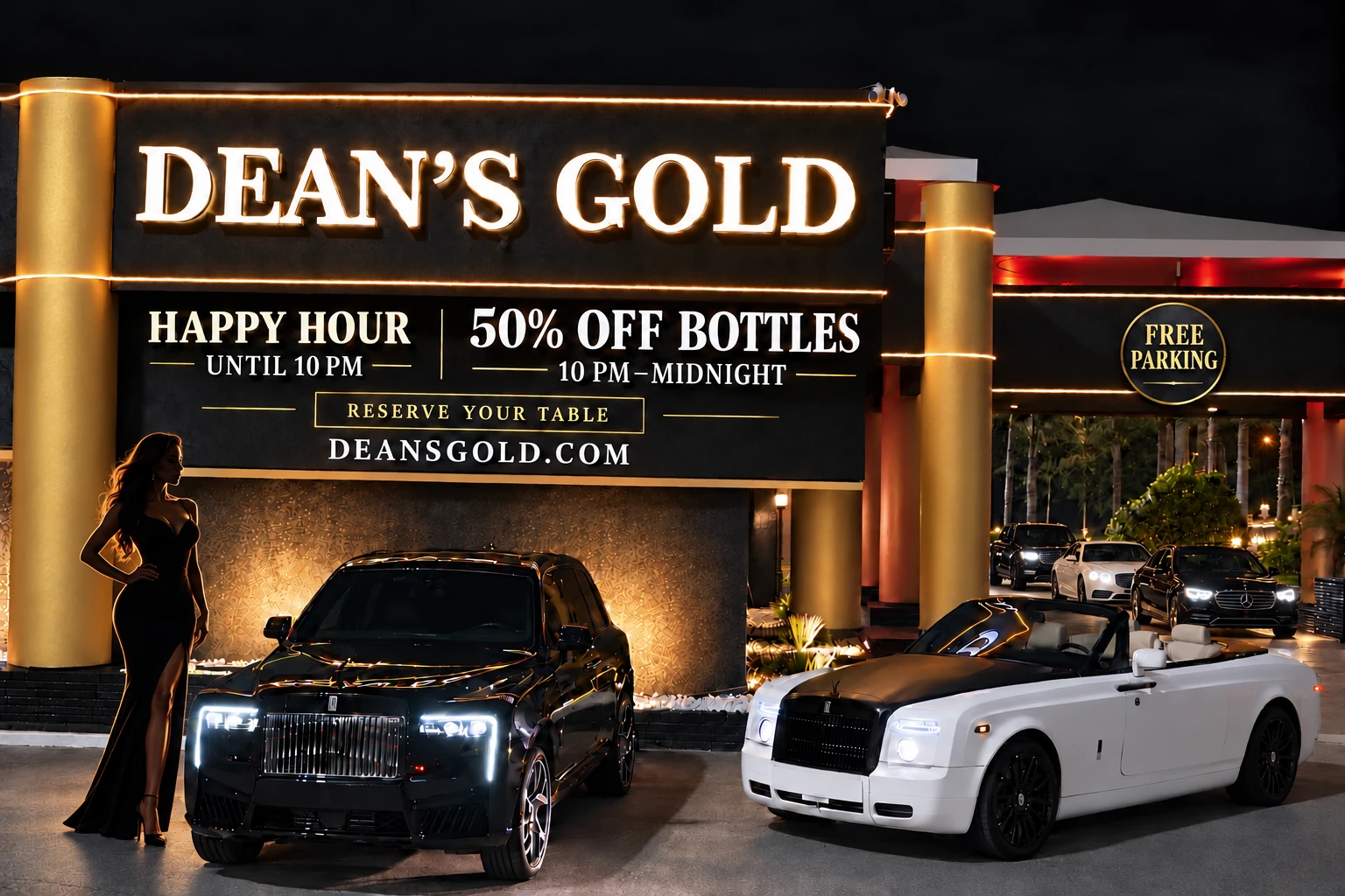 Dean’s Gold at night with a black Rolls-Royce SUV and white Rolls-Royce convertible, a background car lineup and a woman in a gold-lit evening dress. Happy Hour until 10 PM; 50% off bottles from 10 PM to midnight. Reserve your table at deansgold.com. Free parking.