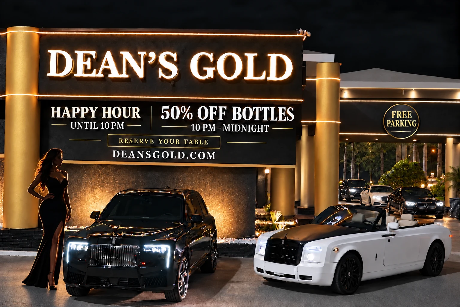Dean’s Gold at night with a black Rolls-Royce SUV and white Rolls-Royce convertible, a background car lineup and a woman in a gold-lit evening dress. Happy Hour until 10 PM; 50% off bottles from 10 PM to midnight. Reserve your table at deansgold.com. Free parking.